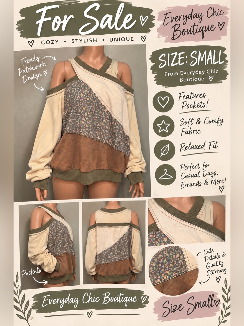 Everyday Chic Off-Shoulder Patchwork Sweater - Cream/Olive/Brown